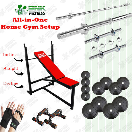 SNK Fitness Home Gym Power Package, 3 in 1 Bench Press, Adjustable Dumbbells, 3ft & 5ft Barbell Rods, Rubber Plates, Push-Up Stands & Gloves