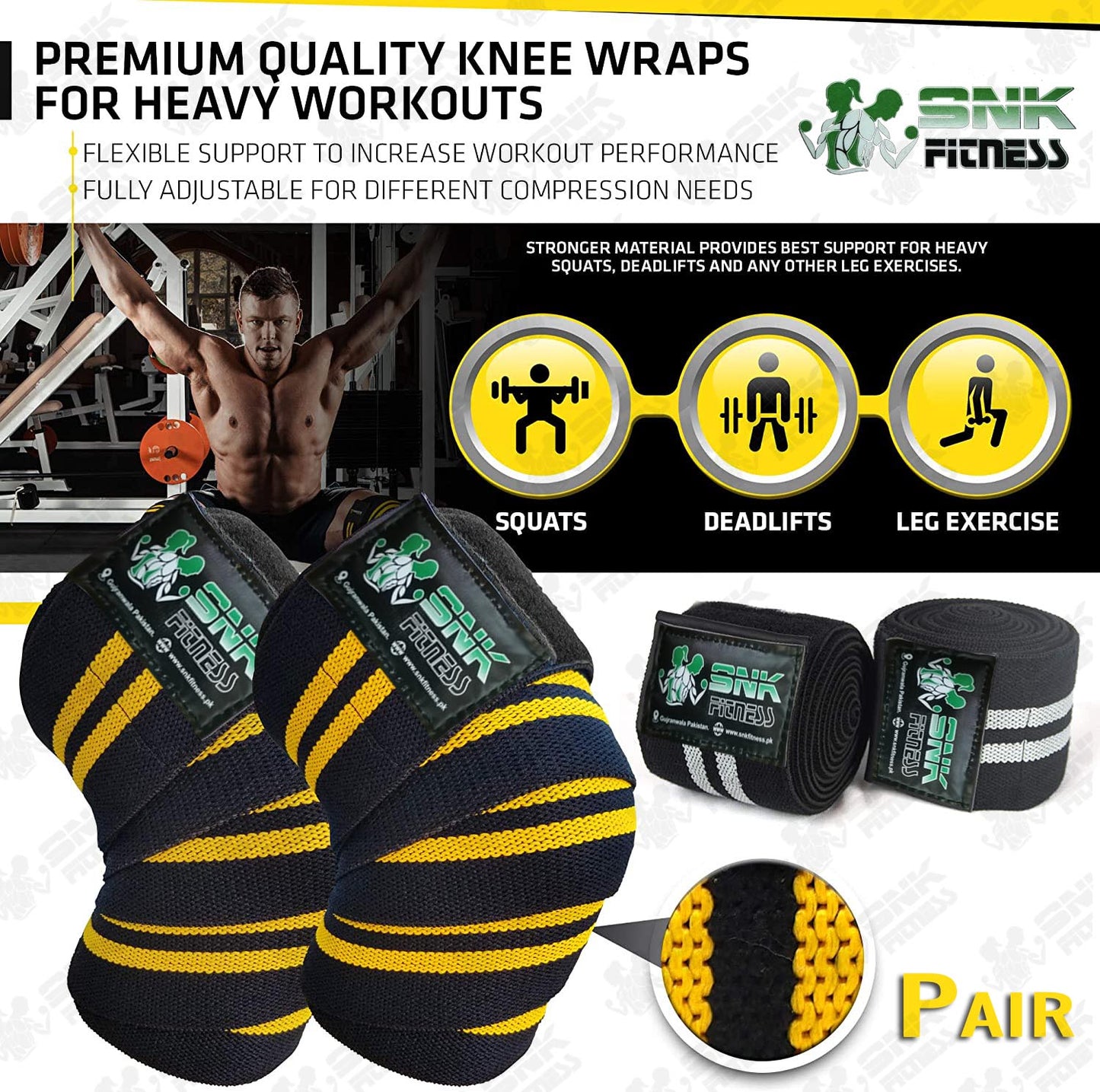 Knee Wraps (Pair) for Cross Training WODs, Gym Workout, Weightlifting, Fitness & Powerlifting - Knee Straps for Squats - For Men & Women- 80 inch - Compression & Elastic Support - SNK FITNESS