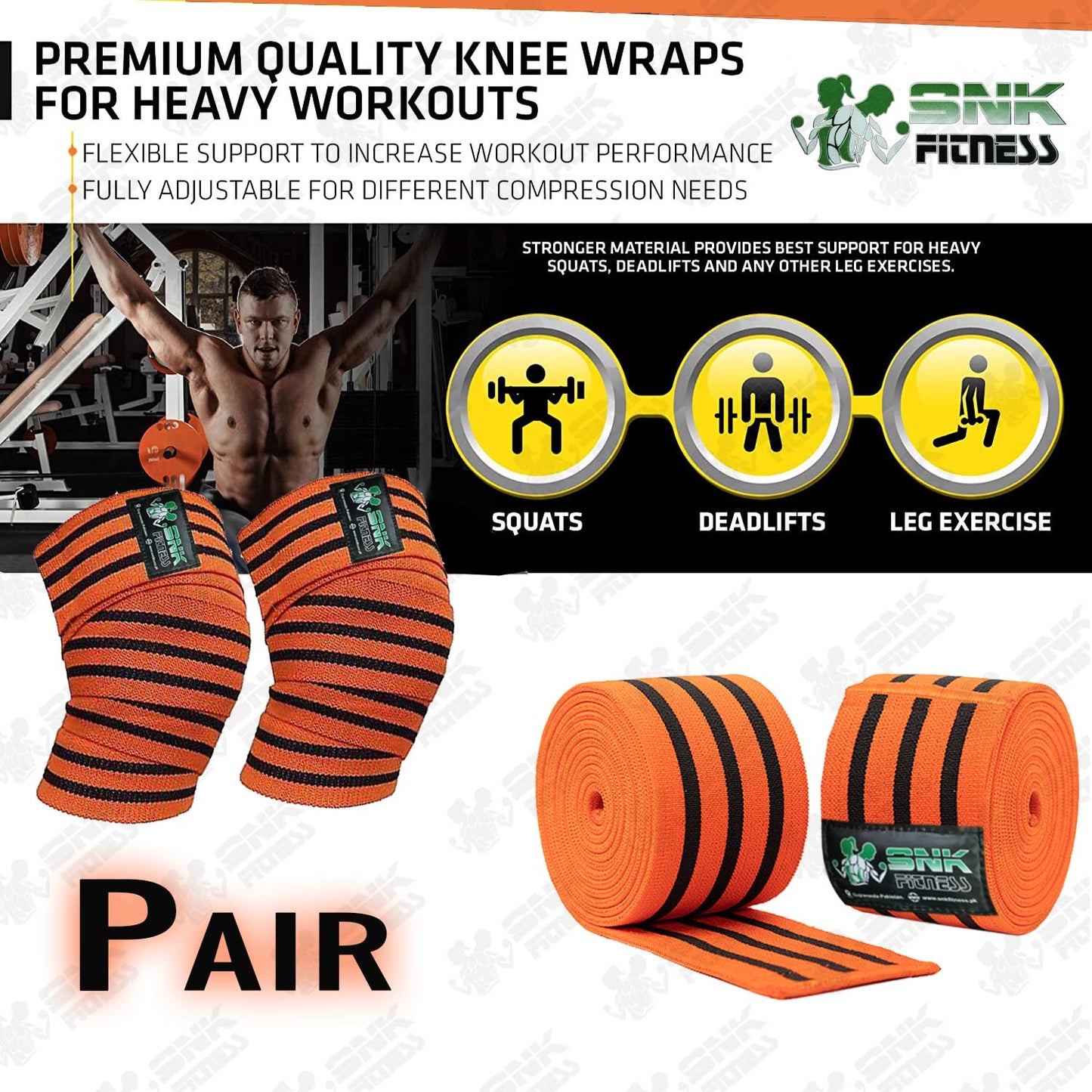 Knee Wraps (Pair) for Cross Training WODs, Gym Workout, Weightlifting, Fitness & Powerlifting - Knee Straps for Squats - For Men & Women- 80 inch - Compression & Elastic Support - SNK FITNESS