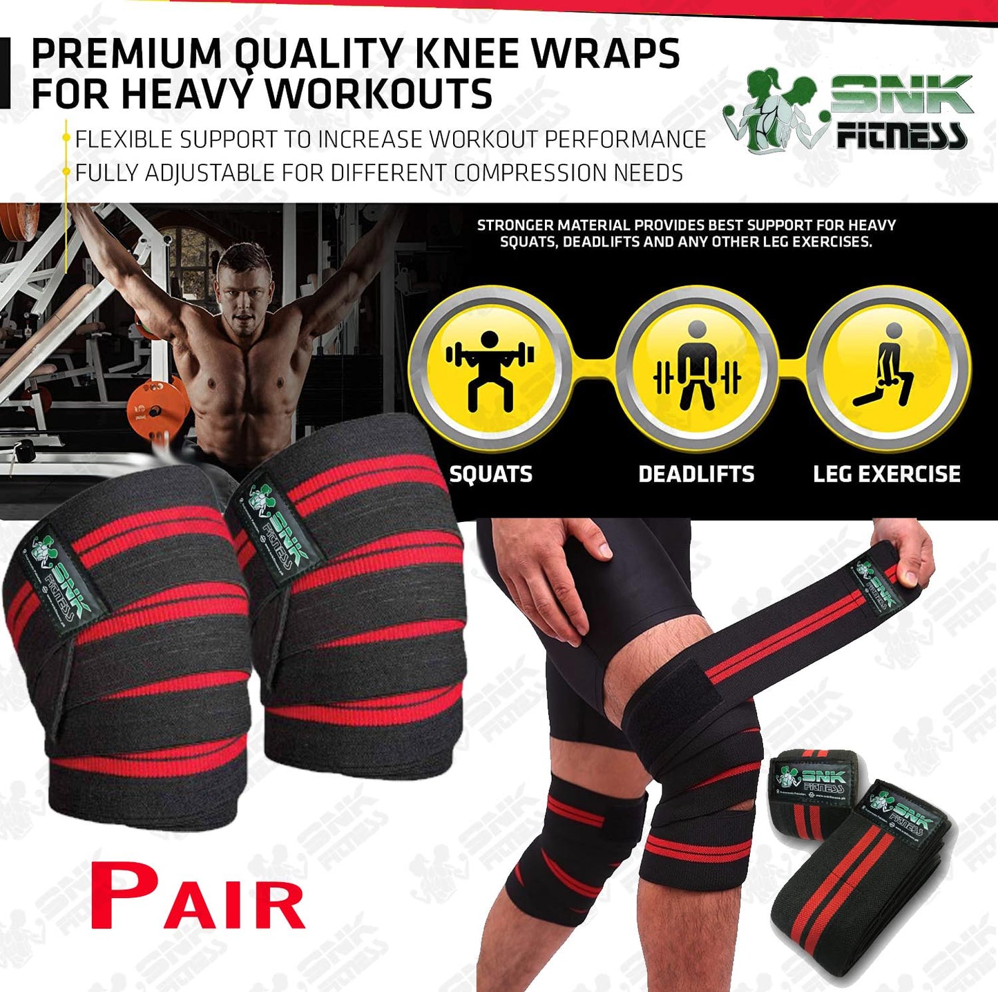 Knee Wraps (Pair) for Cross Training WODs, Gym Workout, Weightlifting, Fitness & Powerlifting - Knee Straps for Squats - For Men & Women- 80 inch - Compression & Elastic Support - SNK FITNESS
