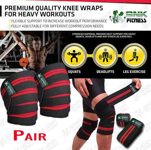 Knee Wraps (Pair) for Cross Training WODs, Gym Workout, Weightlifting, Fitness & Powerlifting - Knee Straps for Squats - For Men & Women- 80 inch - Compression & Elastic Support - SNK FITNESS