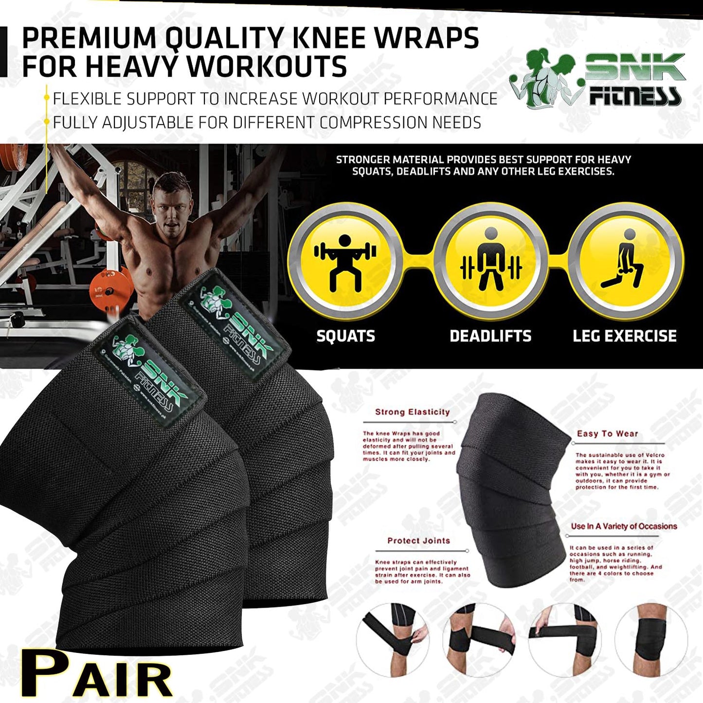 Knee Wraps (Pair) for Cross Training WODs, Gym Workout, Weightlifting, Fitness & Powerlifting - Knee Straps for Squats - For Men & Women- 80 inch - Compression & Elastic Support - SNK FITNESS