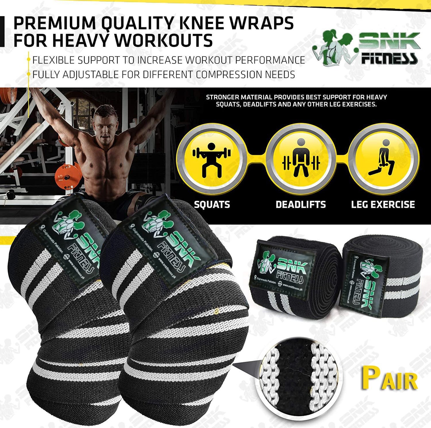 Knee Wraps (Pair) for Cross Training WODs, Gym Workout, Weightlifting, Fitness & Powerlifting - Knee Straps for Squats - For Men & Women- 80 inch - Compression & Elastic Support - SNK FITNESS