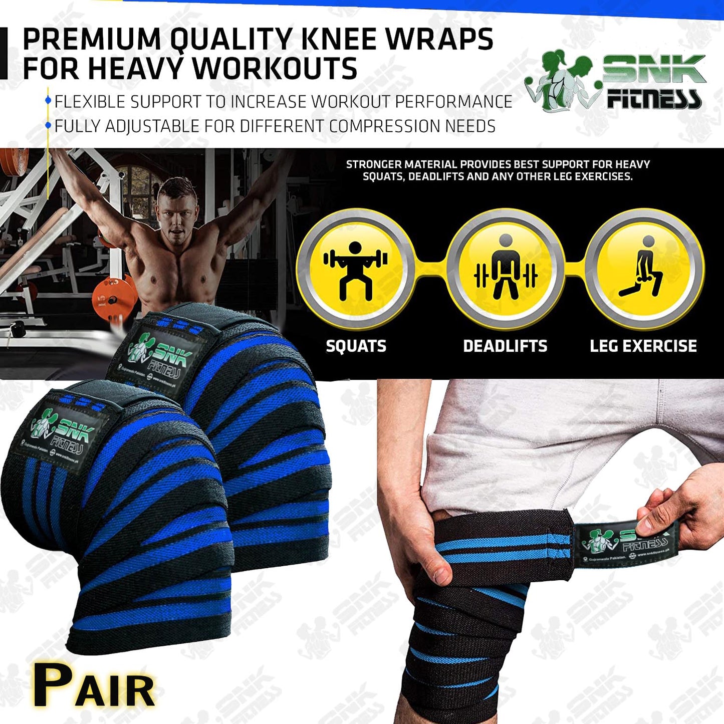 Knee Wraps (Pair) for Cross Training WODs, Gym Workout, Weightlifting, Fitness & Powerlifting - Knee Straps for Squats - For Men & Women- 80 inch - Compression & Elastic Support - SNK FITNESS