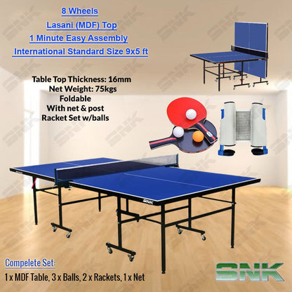 MDF Buttrfly Table Tennis Set 8 Wheels Standard Size 9x5 FT with Rackets, Net & Balls